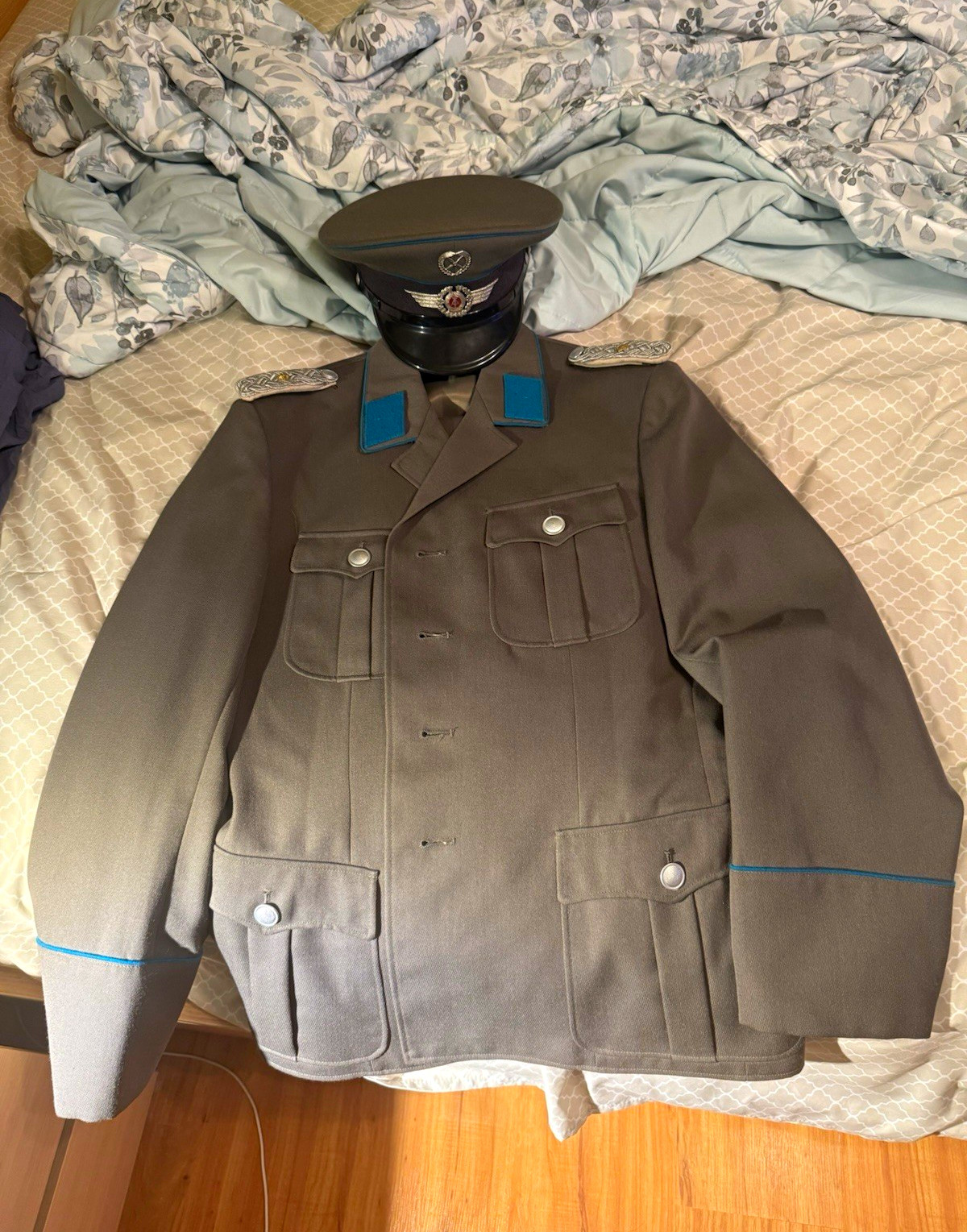 NVA East German Military Uniform Set Jacket Pants Visor Cap Gray/Blue 48 58
