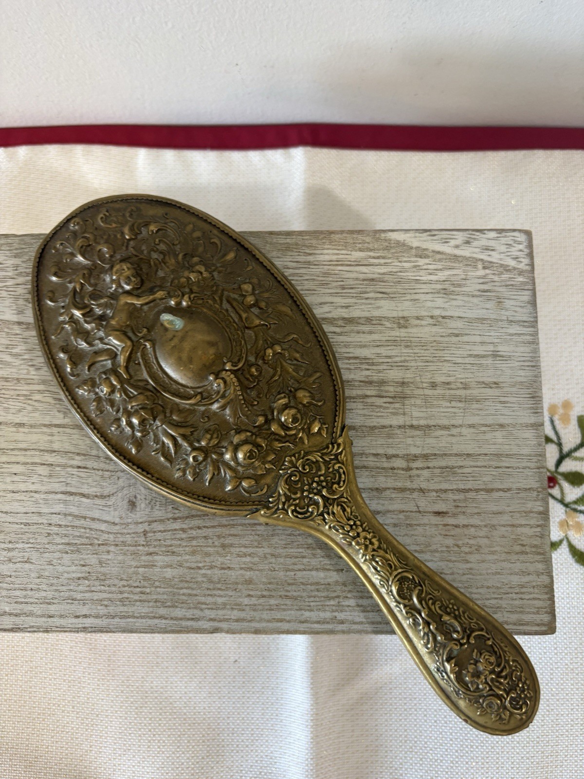 Antique Art Nouveau Hand Mirror Vanity Ornate Raised Cherub Angel  Floral Glass
