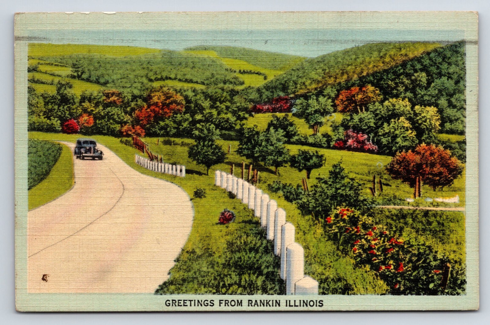 Postcard Greetings From Rankin Illinois, Scenic Mountain Street View, Vtg Auto