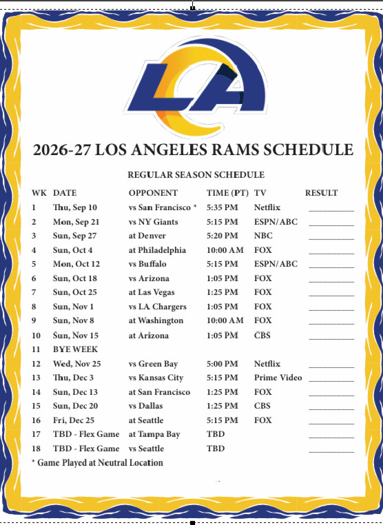 Los Angeles Rams Large METAL fridge magnet 🏈 2026 - 27 Schedule 4\