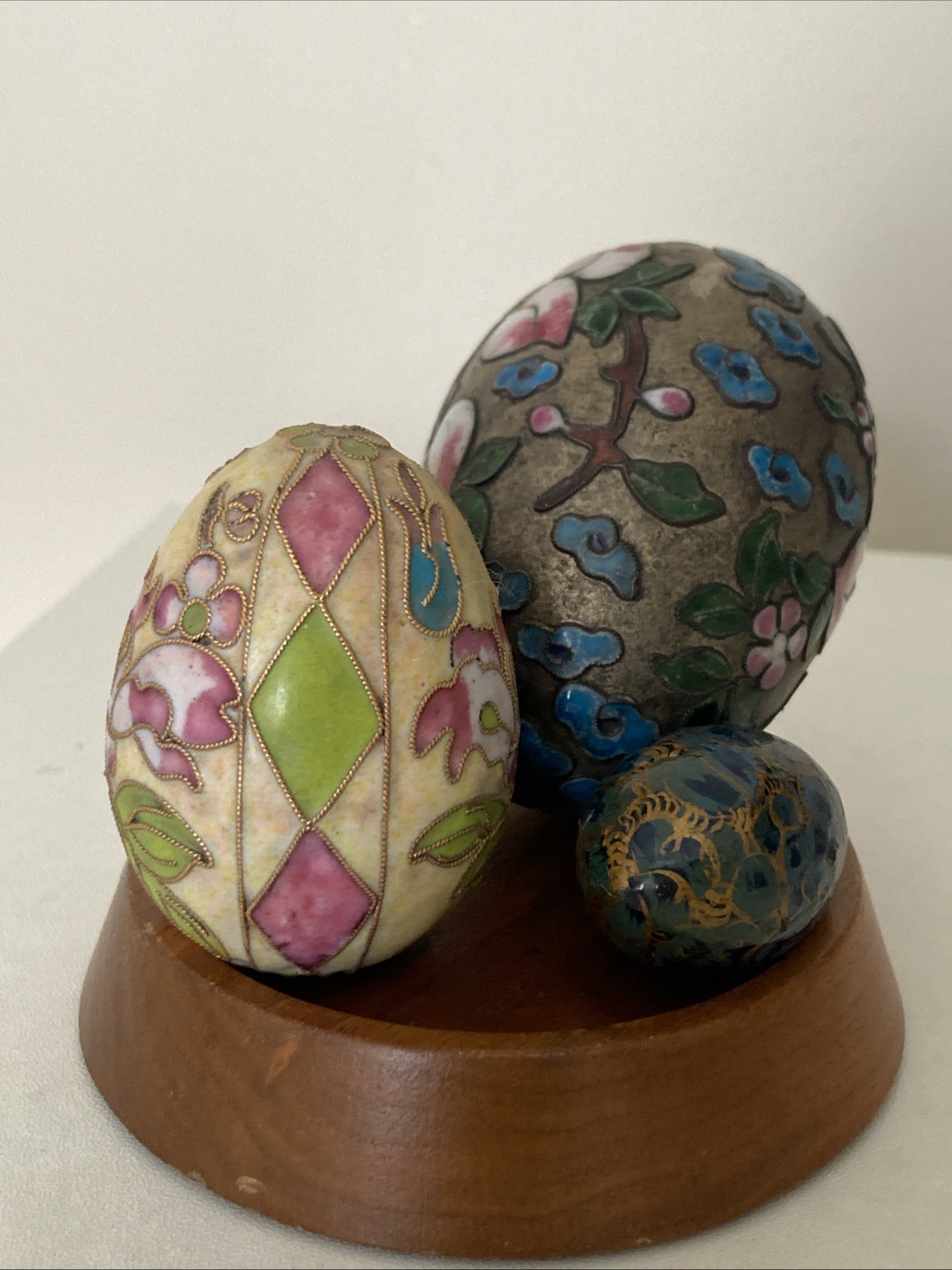 Vintage 3 Chinese Cloisonné Enamel, HandPainted Decorative Eggs,Floral/Geometric