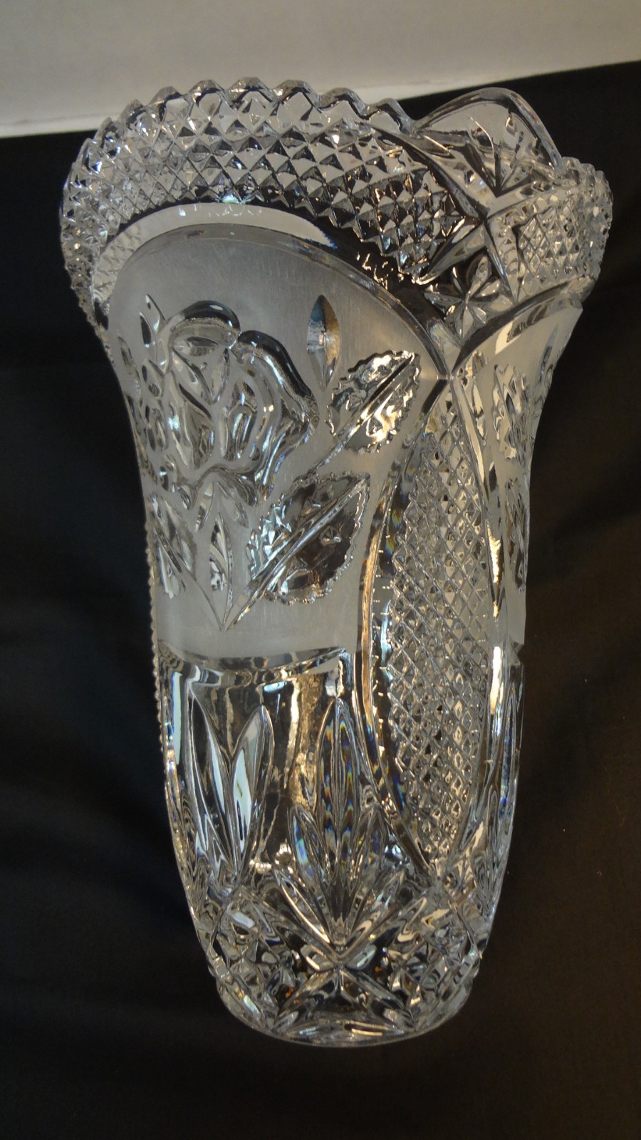 Vintage Crystal Etched Vase 10” Tall Rose Pattern