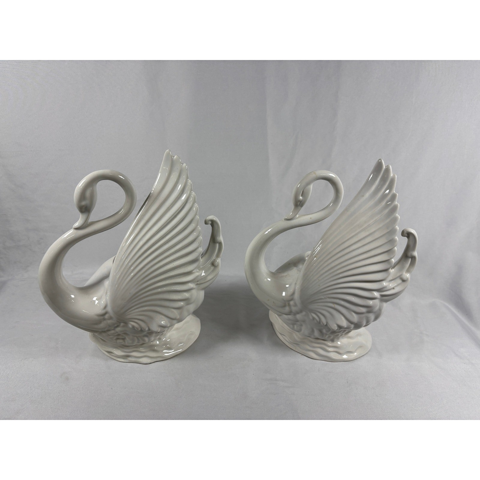 Vintage 1958 Ceramic Swan TV Lamp Pair White Glazed Mid Century Modern Decor