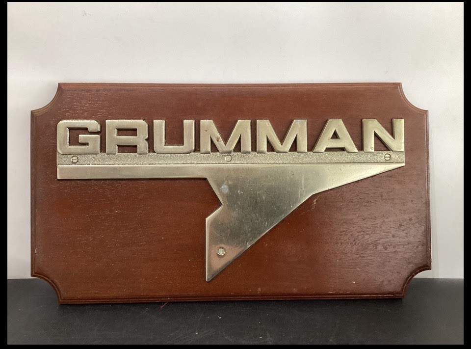 Vintage Grumman Cast Aluminum Aircraft Display Emblem on Mahogany Base 15.75”