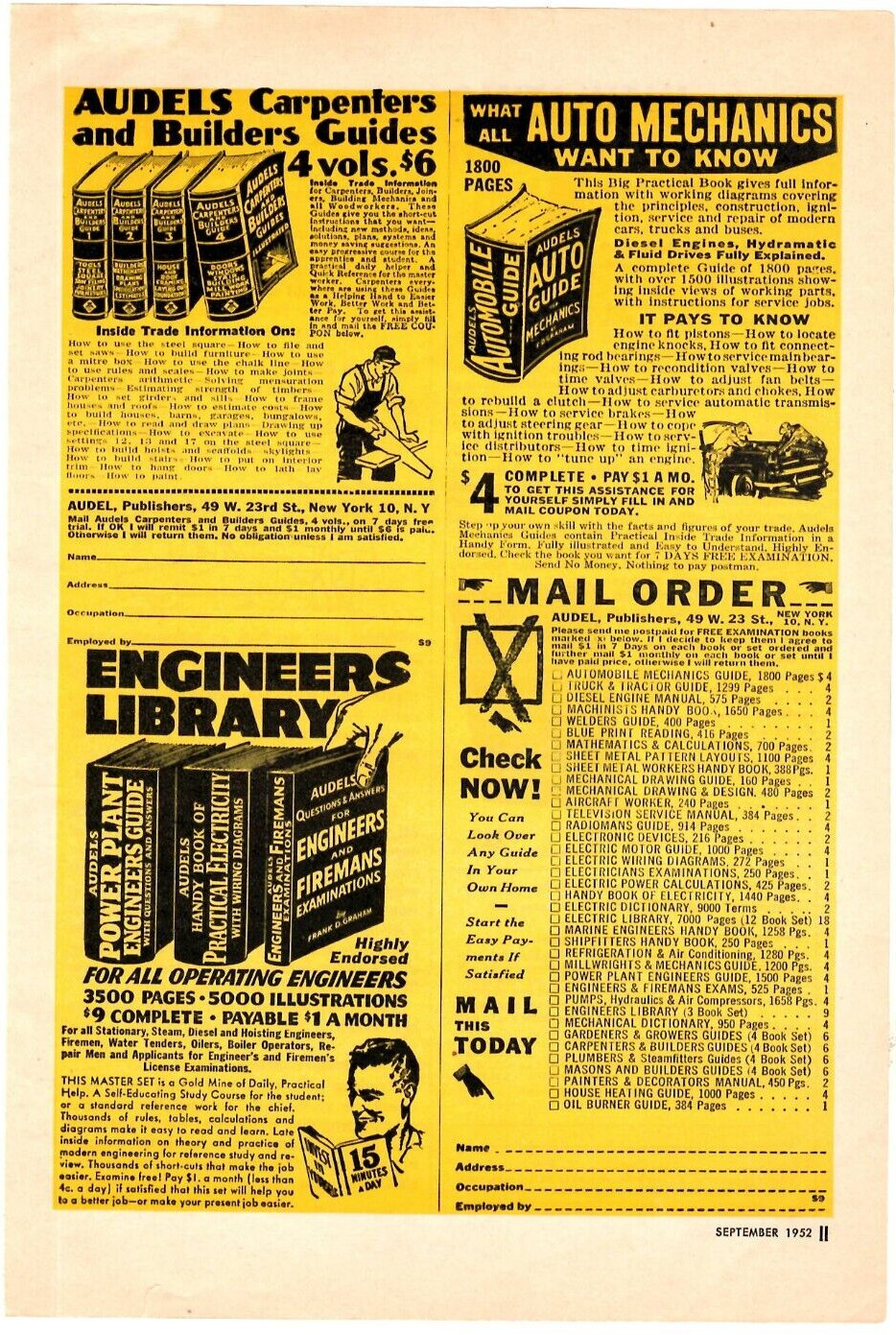 1952 Print Ad  Audel Publishers Carpenters & Builders Guides Auto Mechanics