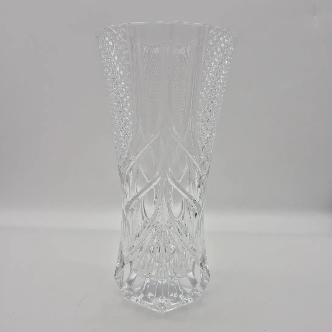 Vintage Pressed Crystal Vase Diamond Point Fan Cut Hexagonal Base Flared 8.5\