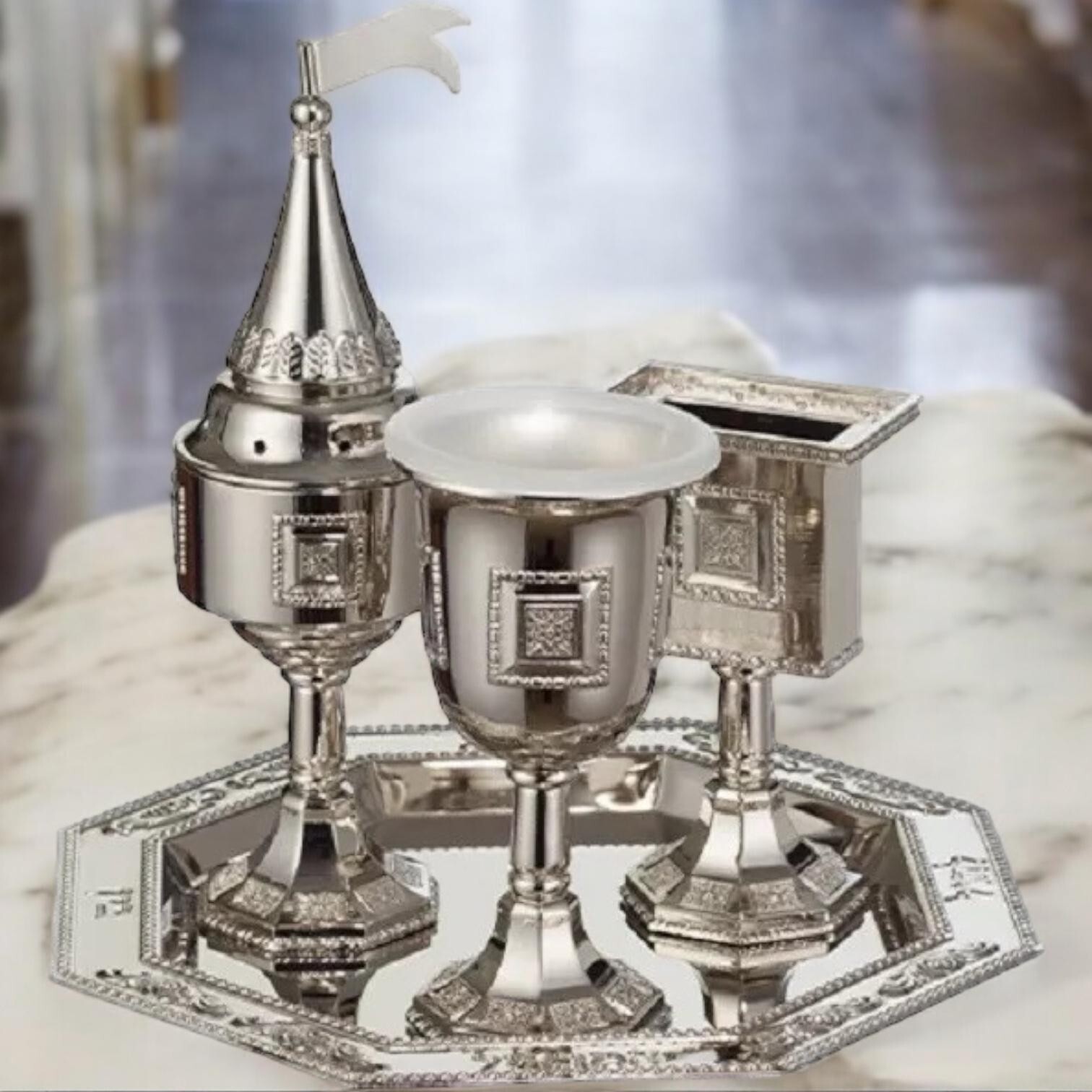 JERUSALEM Shabbat Havdala Set  Spice Box Wine CUP Havdalah Candle Holder Tray