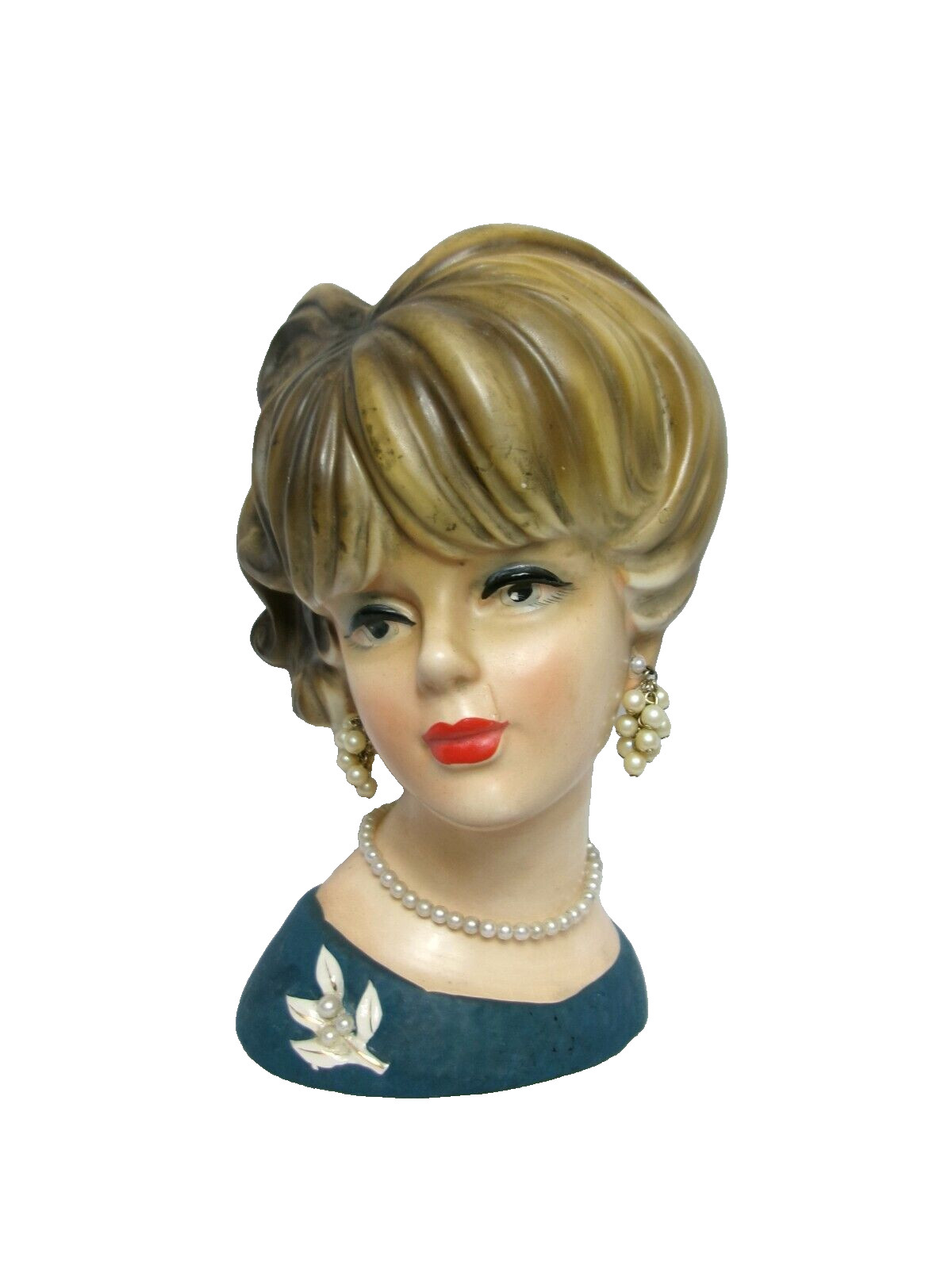 Large 7 ½” MCM Vtg. NAPCO Hand Painted Hollow Head Lady Vase w/ Pearl Jewelry