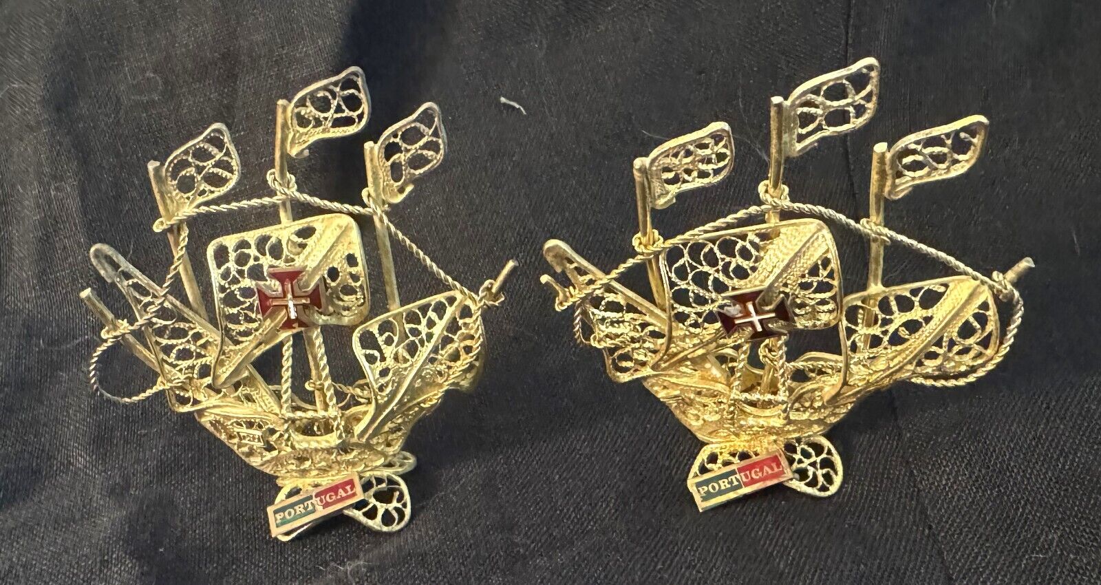 Two Vintage Gold Plated Filigree Silver Portugal Ship Signed CU Very nice