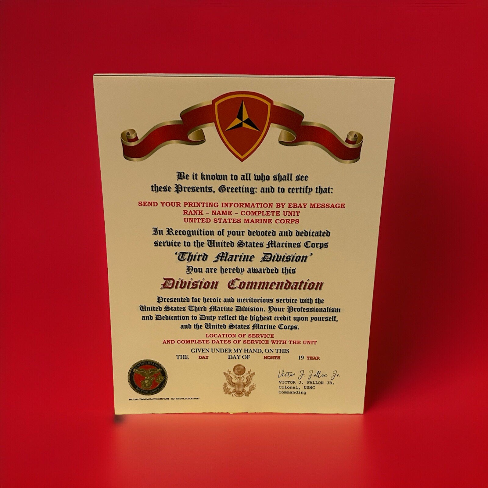 U.S.M.C. / THIRD MARINE DIVISION ~ DIVISION COMMENDATION REPLACEMENT CERTIFICATE