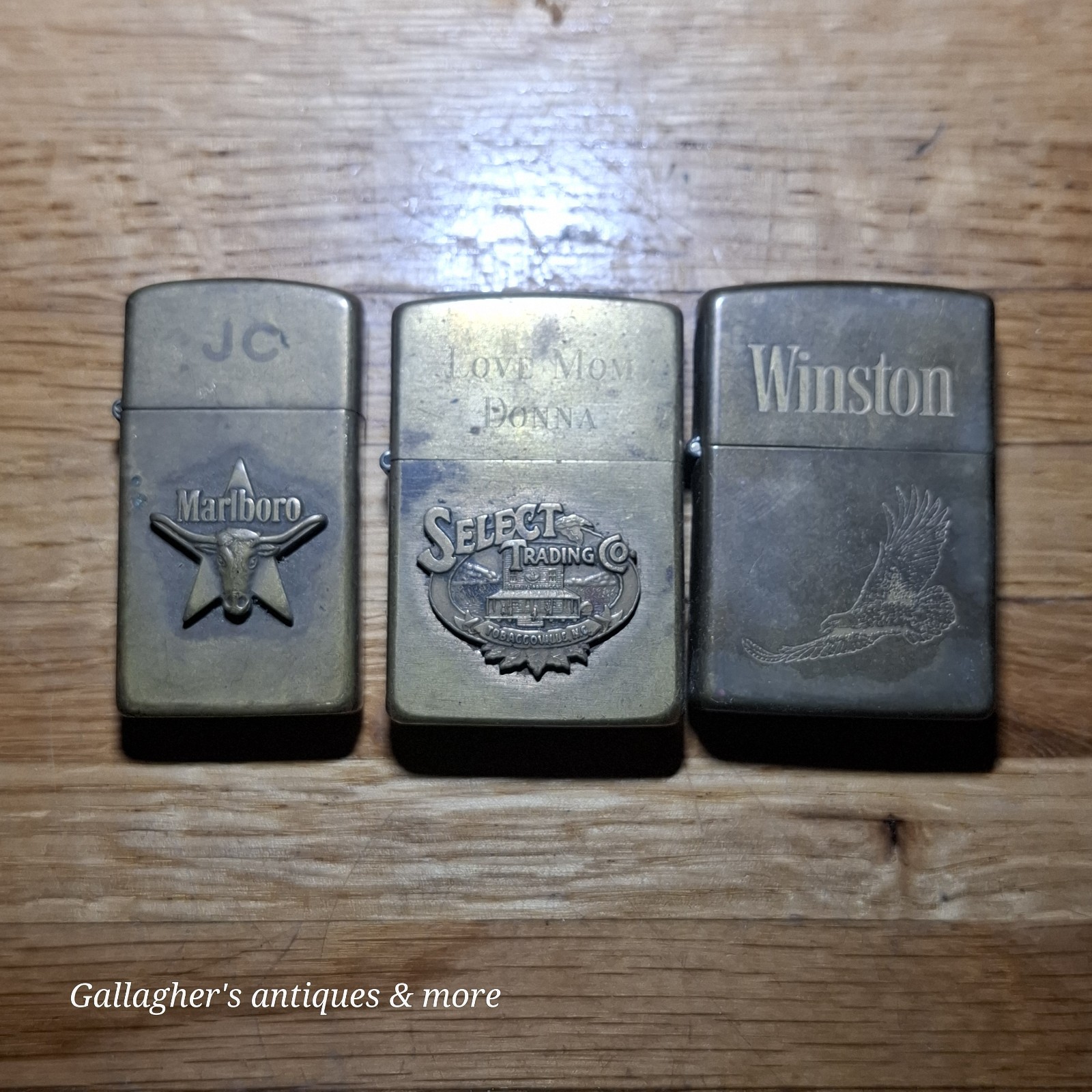 3 Vintage Brass Advertising Lighters Lot Marlboro Winston Select Trading Co