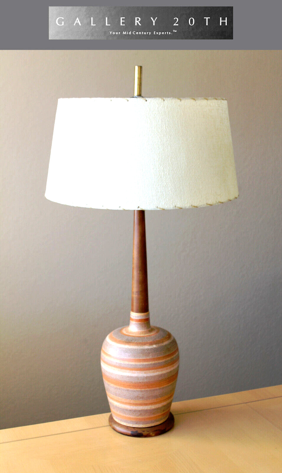 A BEAUTY MID CENTURY DANISH MODERN ORANGE STRIPED POTTERY LAMP 50'S VTG ATOMIC