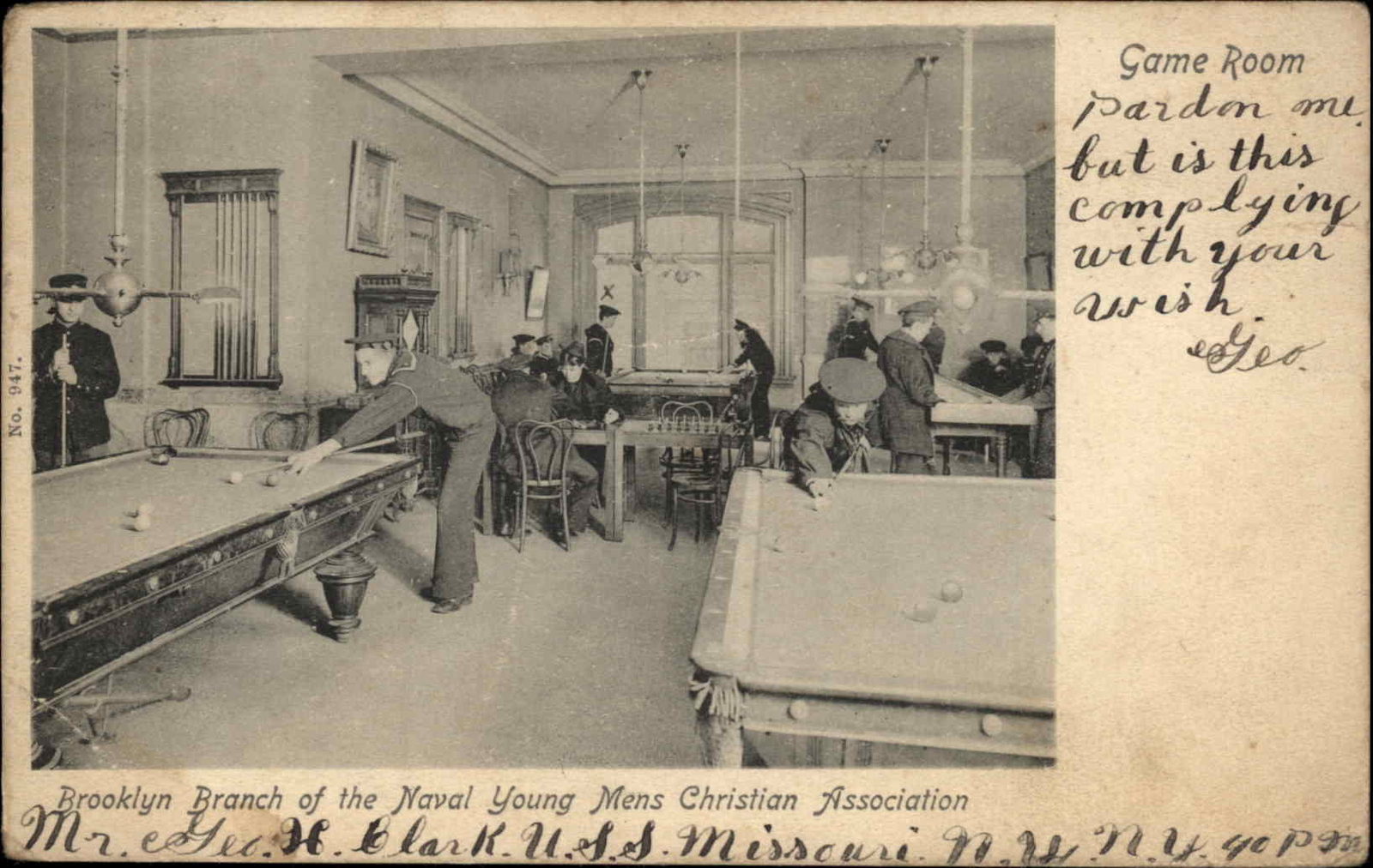 Brooklyn New York NY YMCA Men Play Pool Game Room c1900s-20s Postcard