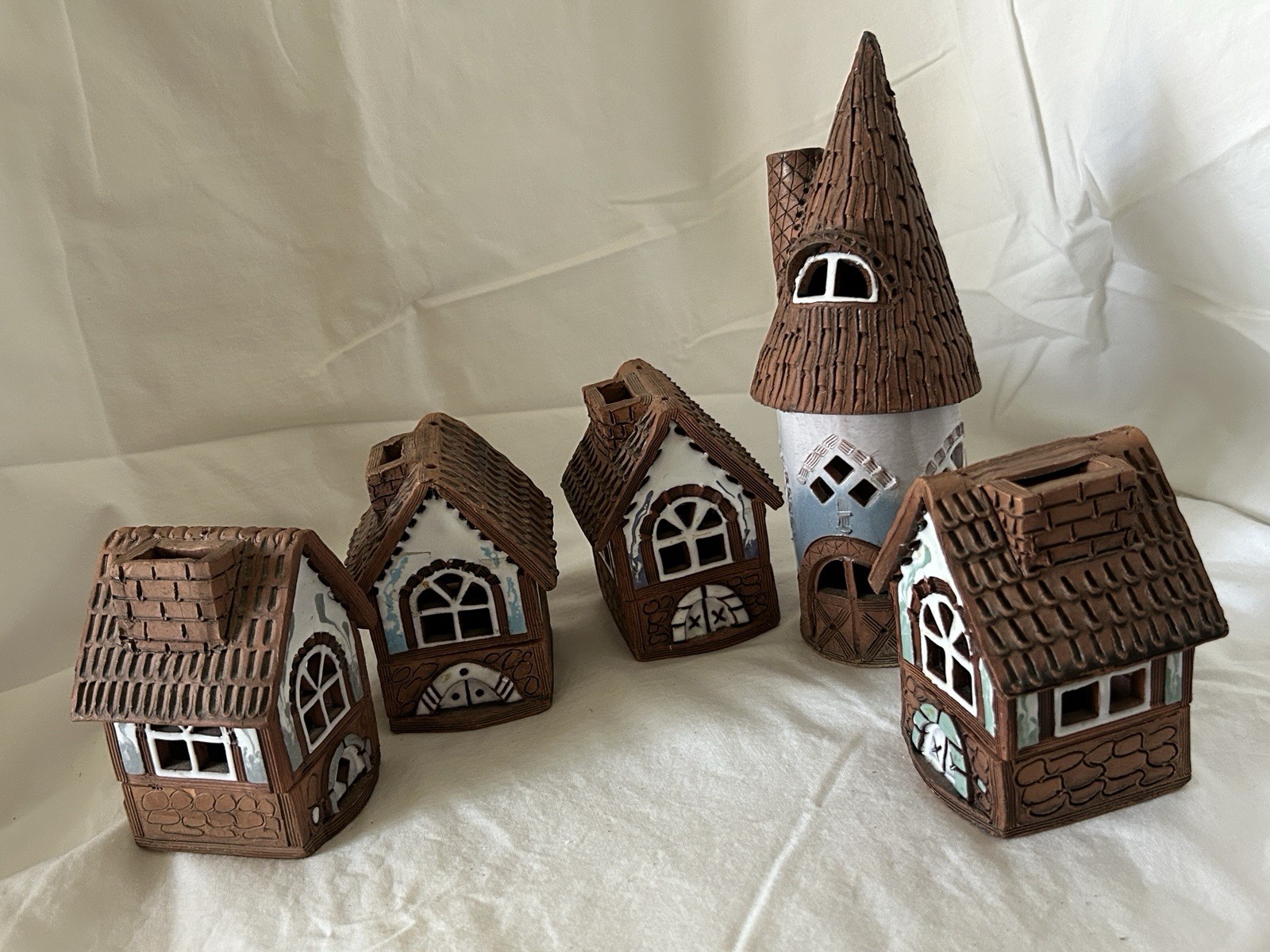 Vintage Lithuanian Folk Art Clay Pottery Candle House Lot Christmas Village