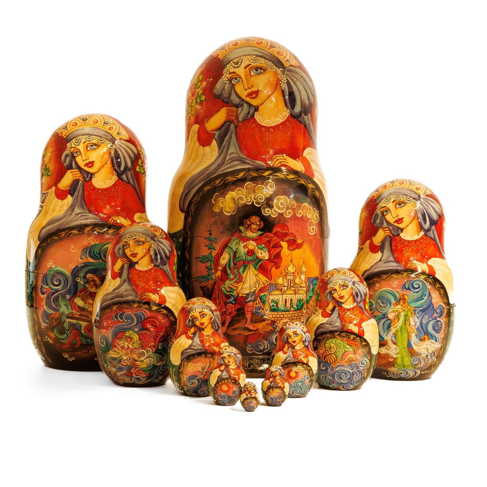 26cm Russian Matryoshka Nesting Doll : Set of 10, Painted with Folk Tale Scenes