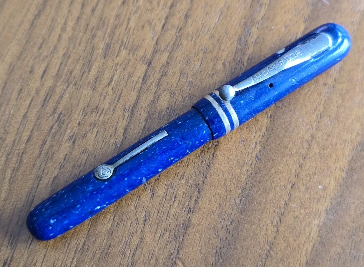 Vintage Ambassador Lapis Lazuli Fountain Pen, 14k Nib, Working, Lever Fill
