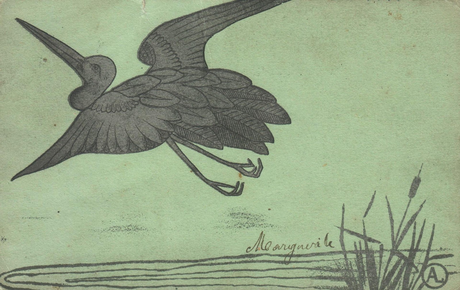 Antique Art Nouveau Postcard Flying Silver Stork Ink Drawing Signed Marguerite