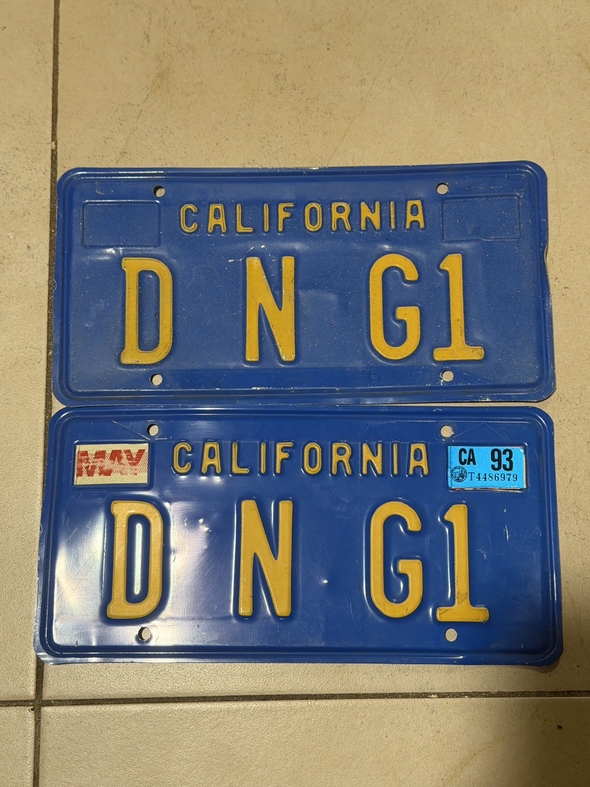 Vintage 93 Sticker California License Plate DNG1 Blue Yellow Metal