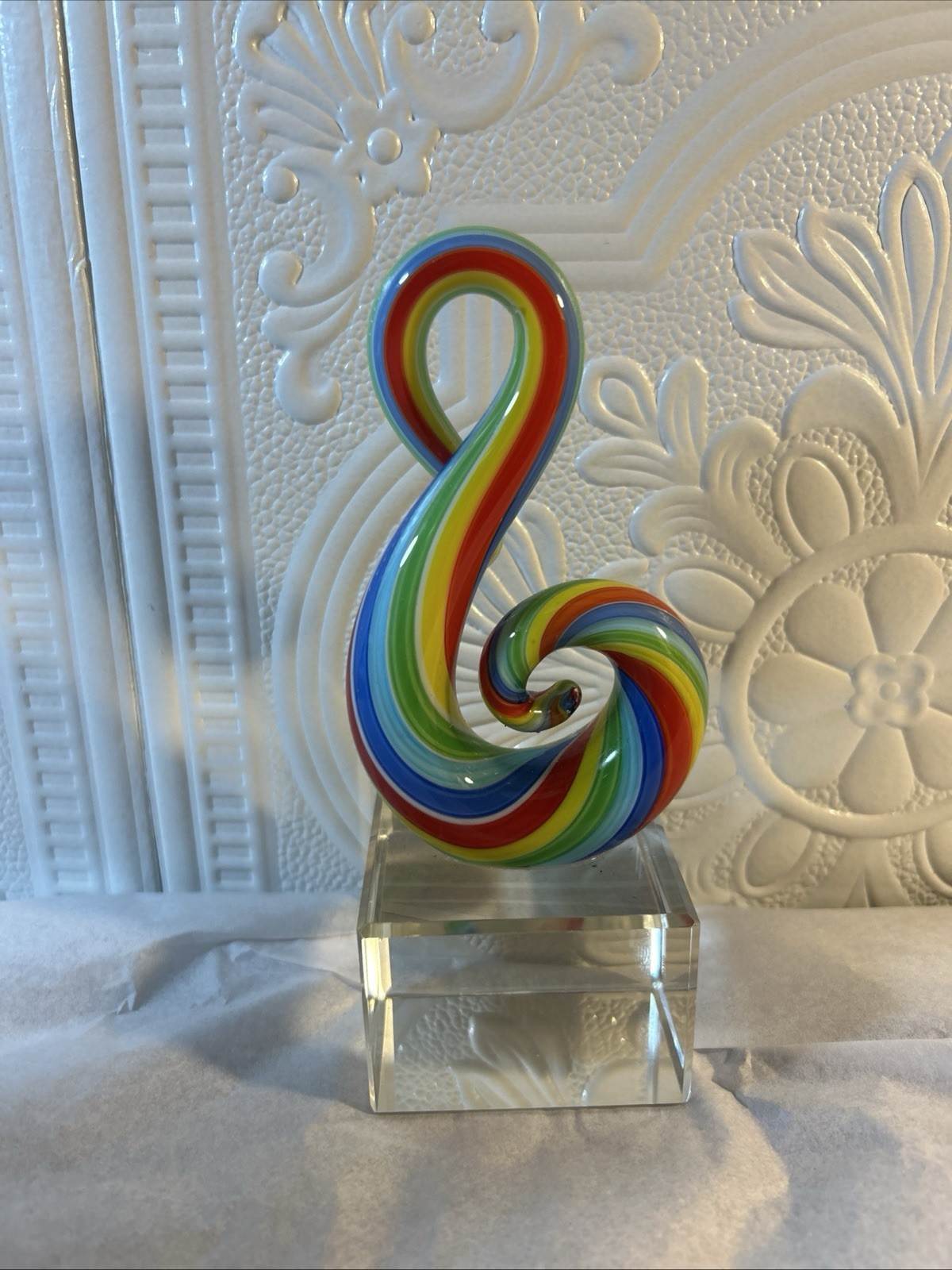 Rainbow Murano Style Art Glass Note Centerpiece • Crystal Base