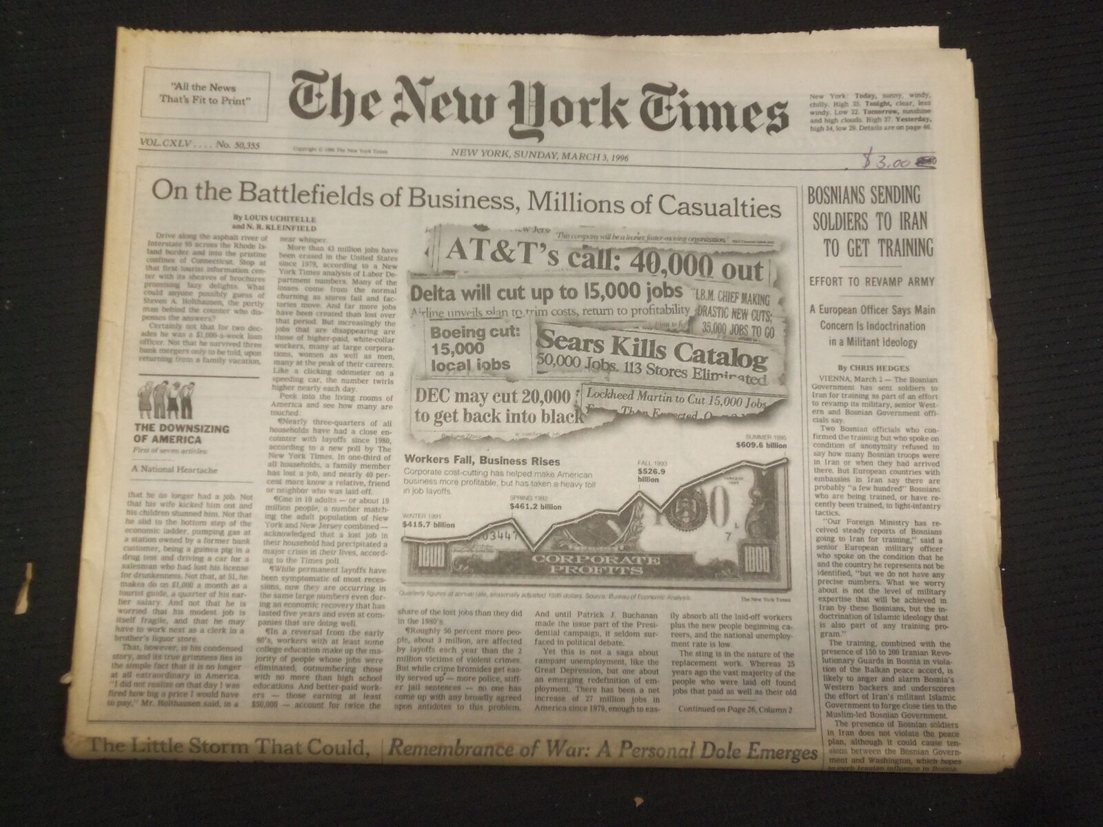 1996 MAR 3 NEW YORK TIMES NEWSPAPER - BOSNIANS SENDING SOLDIERS TO IRAN- NP 7044