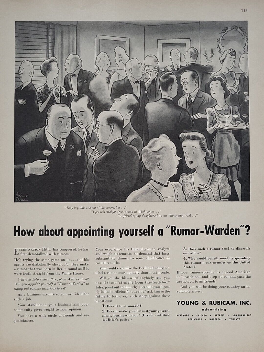 1942 Young & Rubicam, Inc. Fortune WW2 Print Ad Q3 Rumor Warden Agency Homefront