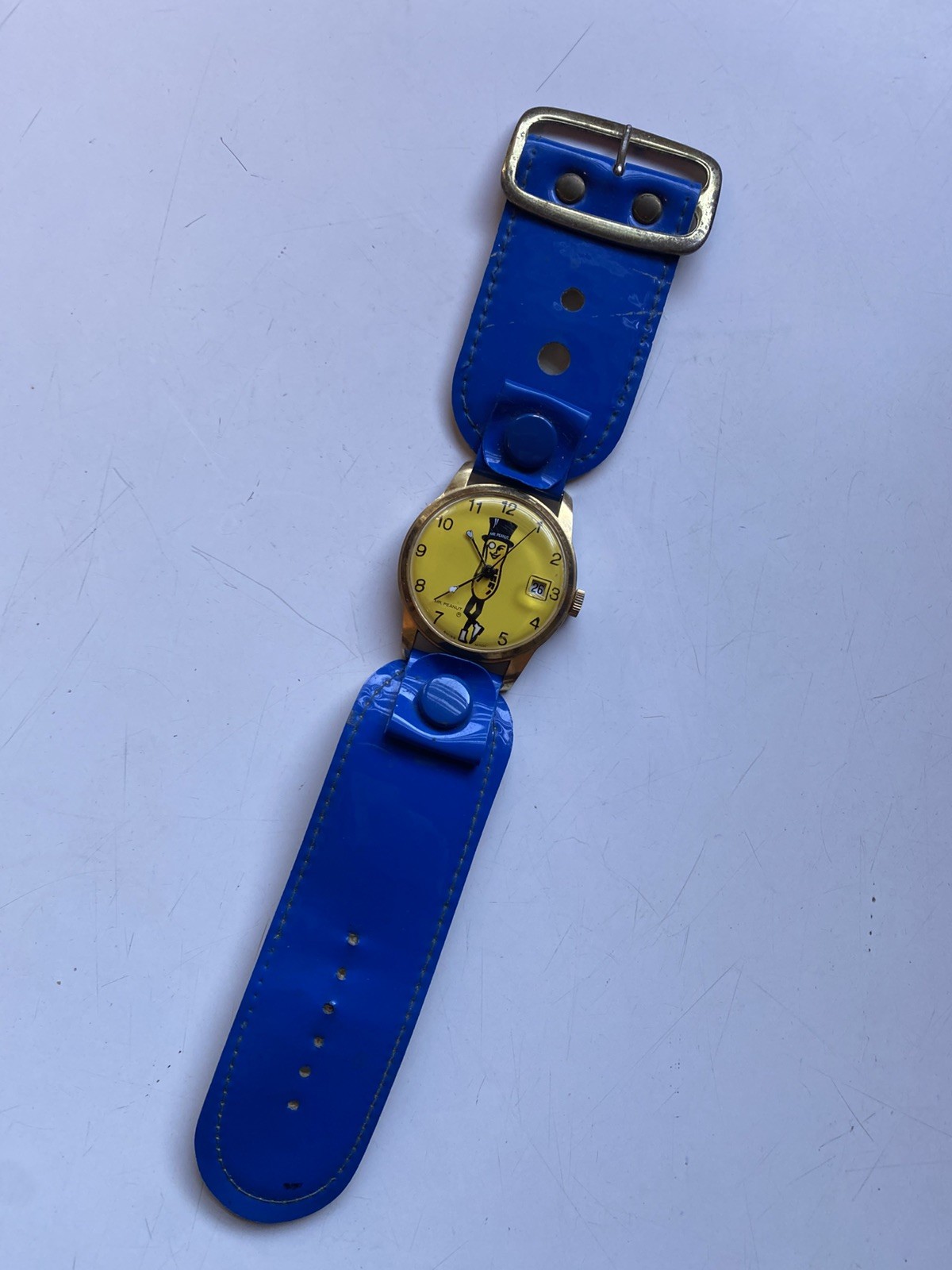 Vintage Mr. Peanut Working Wind Up Watch Blue Band (Switzerland)