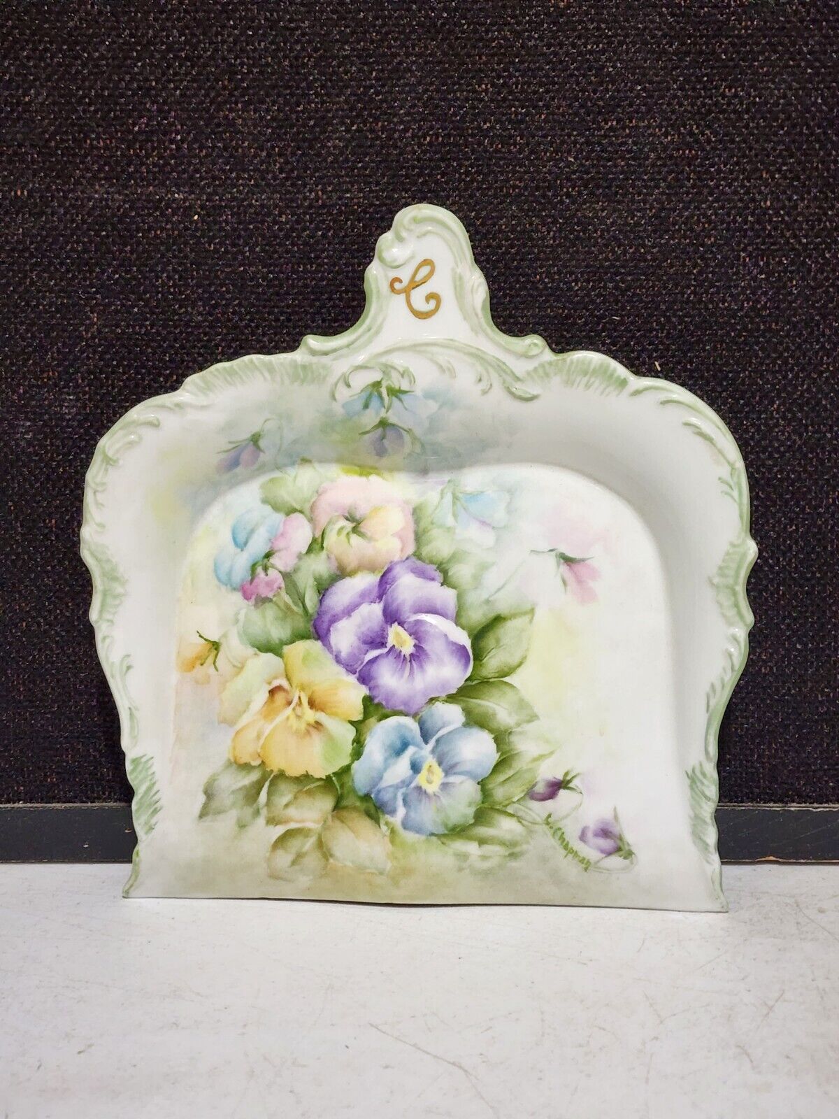 Vintage Porcelain Crumb Tray Dustpan Hand Painted Pansies Flowers Signed