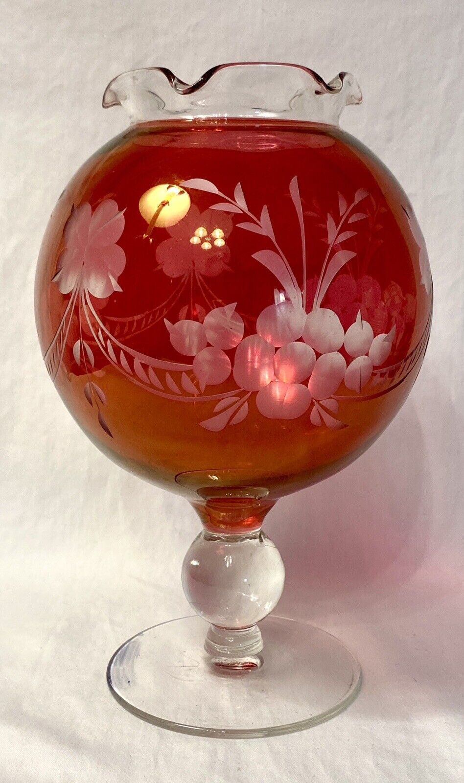 Bohemian Czech Cut To Clear Globe Pedestal Cranberry Ruffled Edge Vase 8” VTG