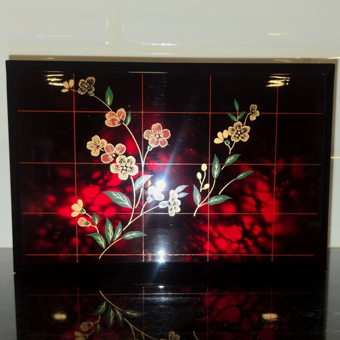 Vintage Japanese Lacquer Music Jewelry Box  Black & Red cherry blossom velvet 