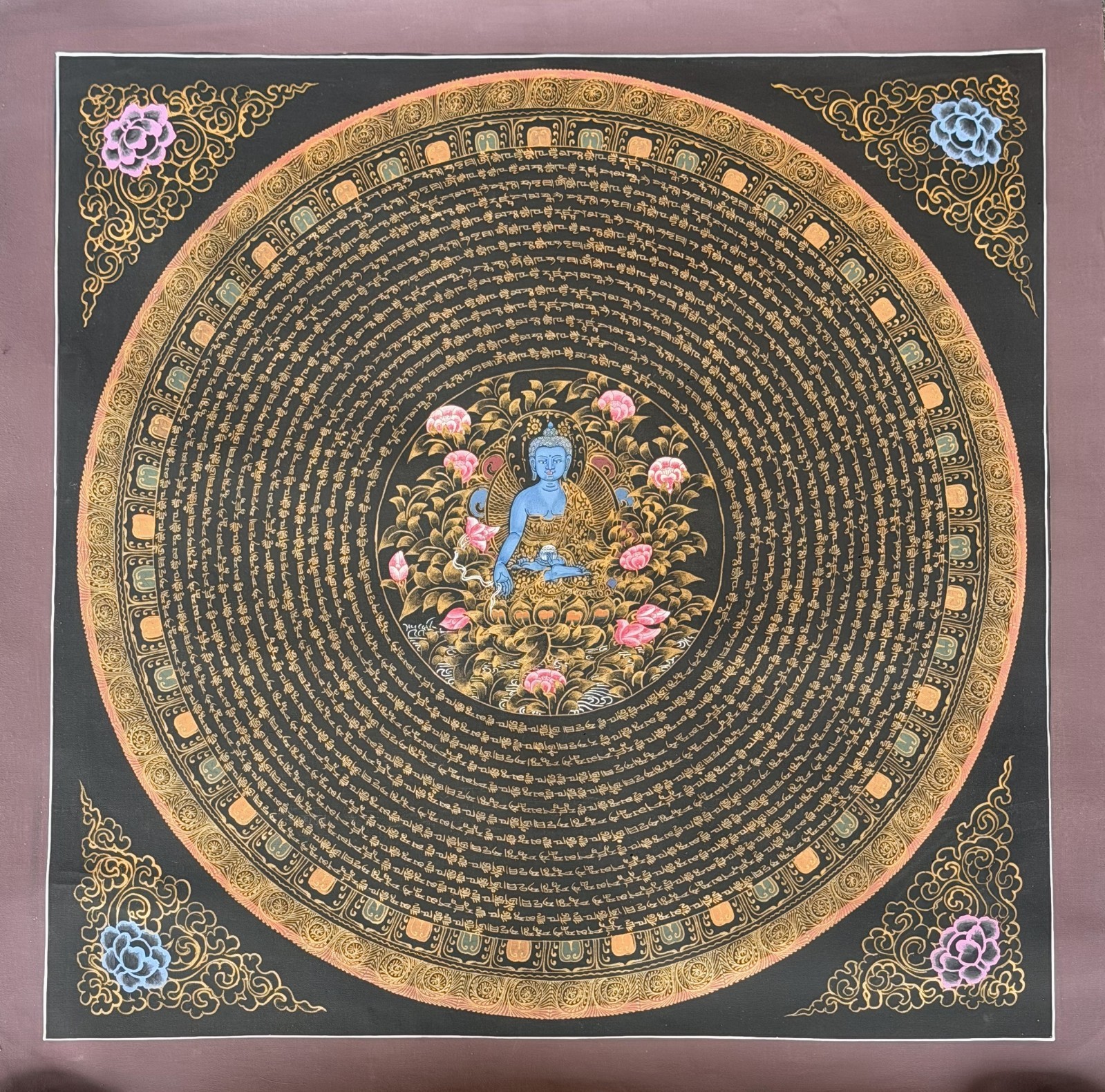MEDICINE BUDDHA MANTRA MANDALA HAND PAINTED TIBETAN THANGKA BLACK AND GOLD ART