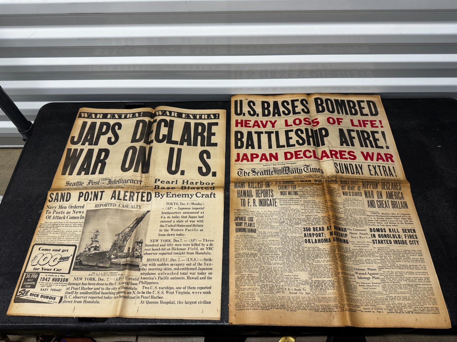 2X Original 1941 News Paper US BASES BOMBED HEAVY LOSS OF LIFE BATTLESHIP AFIRE