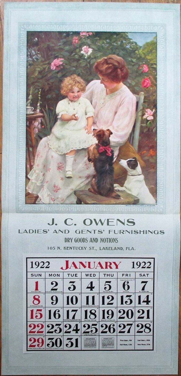 Lakeland, FL 1922 Advertising Calendar/14x30 Poster: Clothing, Dogs & Child/Baby