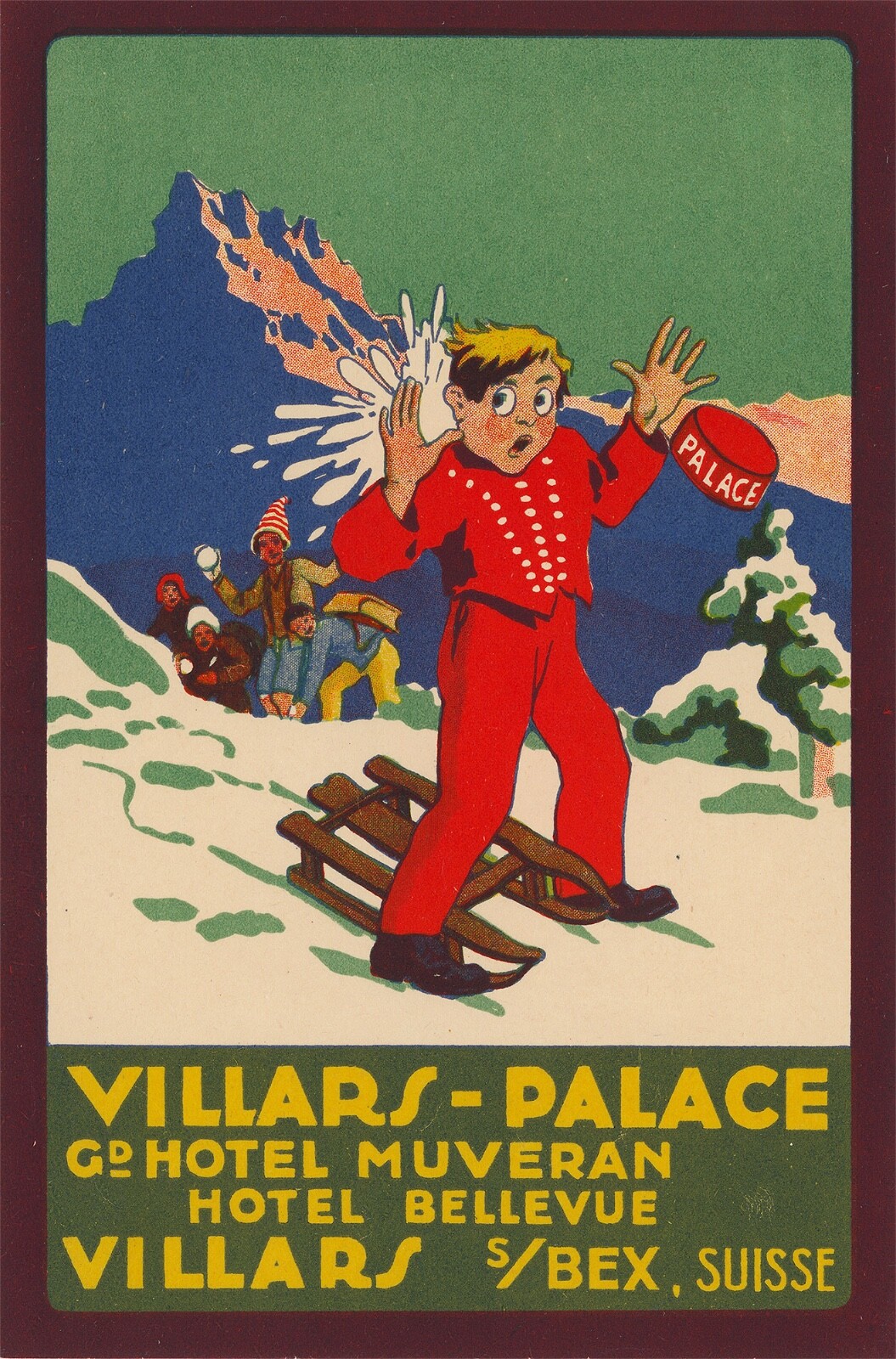 VILLARS PALACE Grand HOTEL MUVERAN HOTEL Luggage label Switzerland 1920 RARE