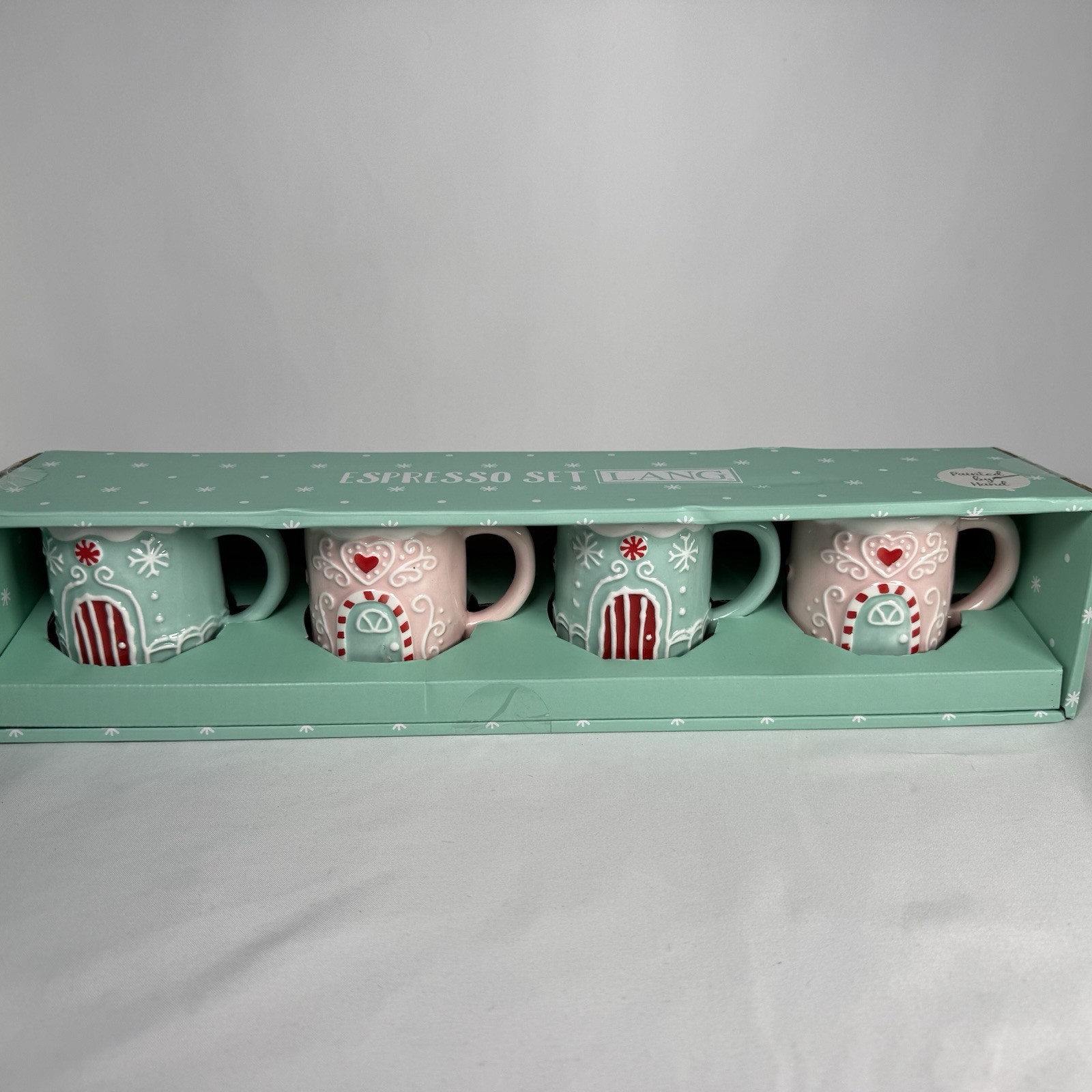 New Set Of 4 Lang Mini Espresso Pink & Mint Mug Cups Christmas Heart Gingerbread