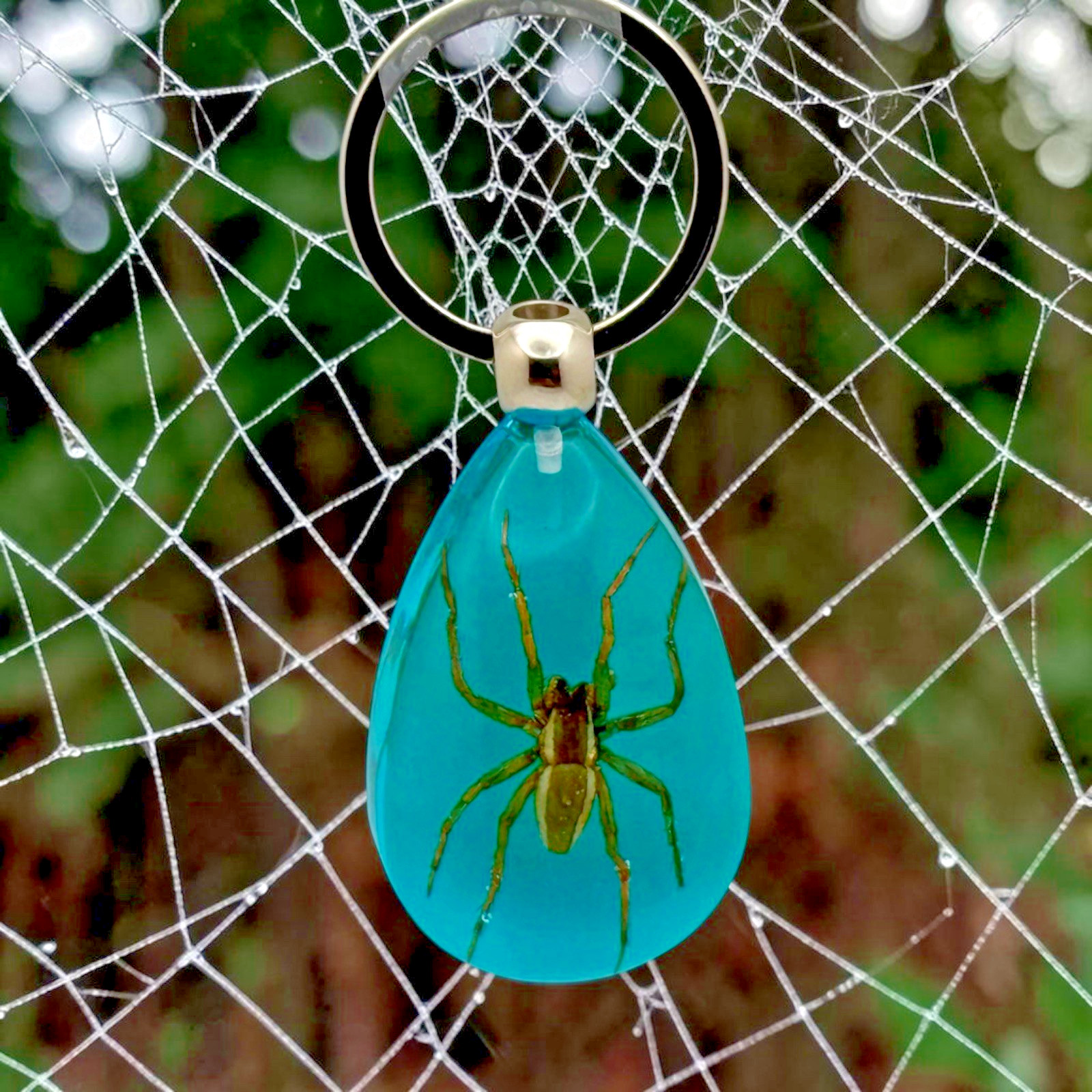 Handmade Real Brown Spider in Blue Resin Keychain – Taxidermy Gift