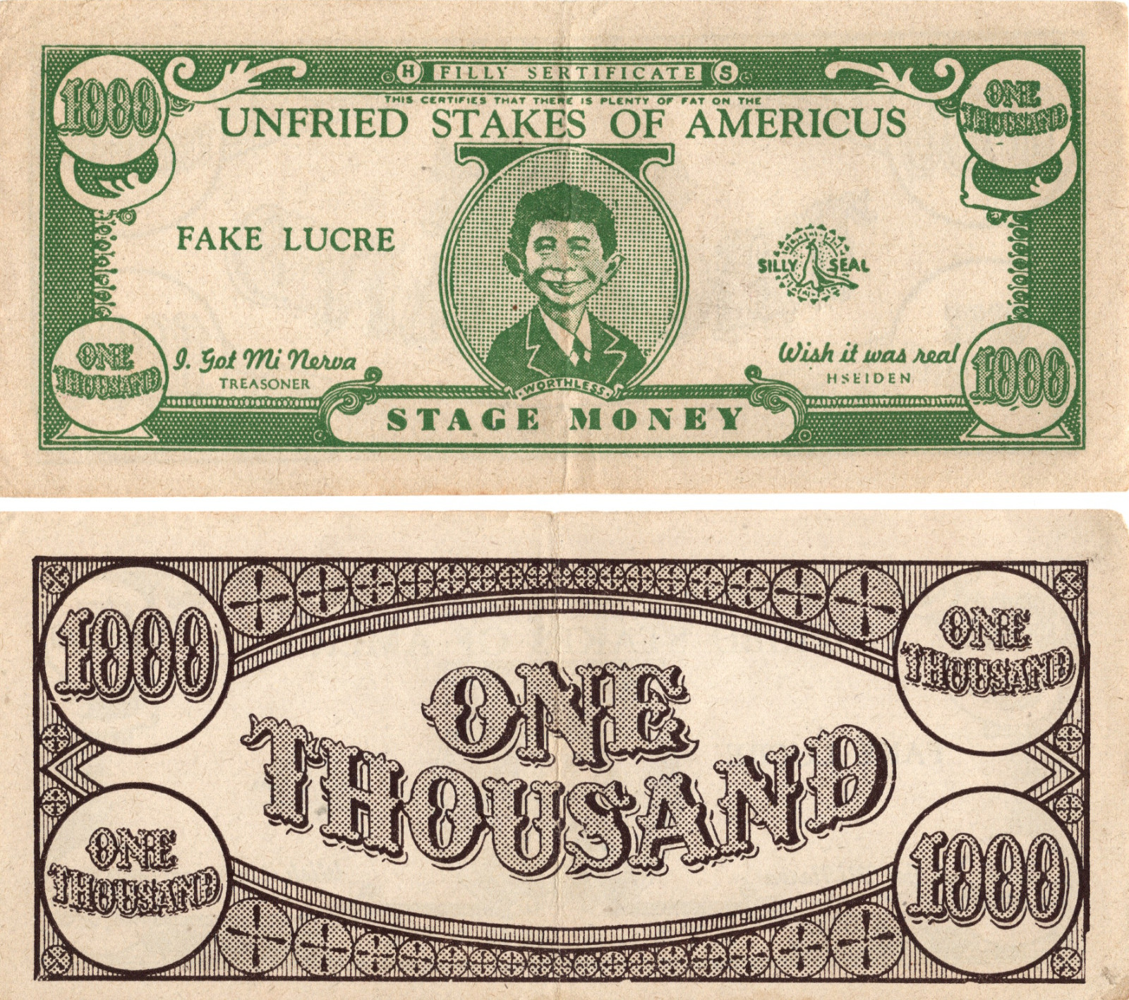 1960s MAD Magazine $1000 Dollar Fake Stage Money Bill with Alfred E. Neuman