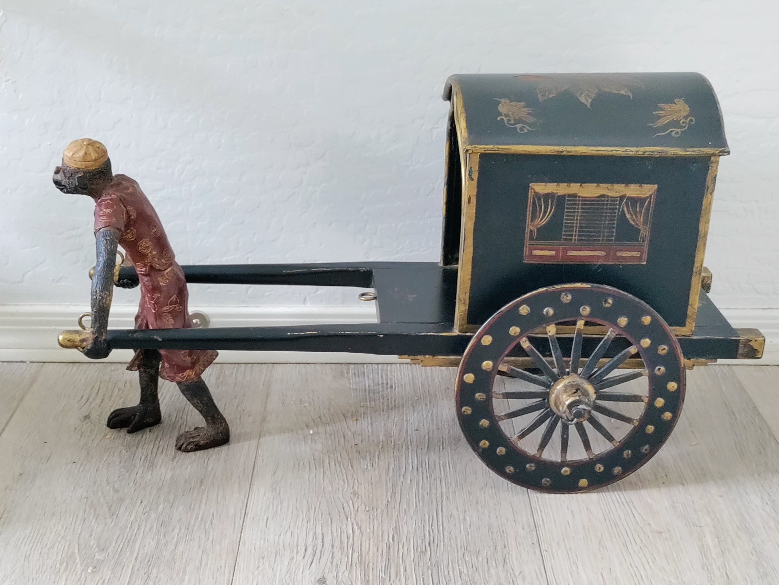 Large Japanese Cast Iron Monkey Pulling Rickshaw Garden Statue 24\