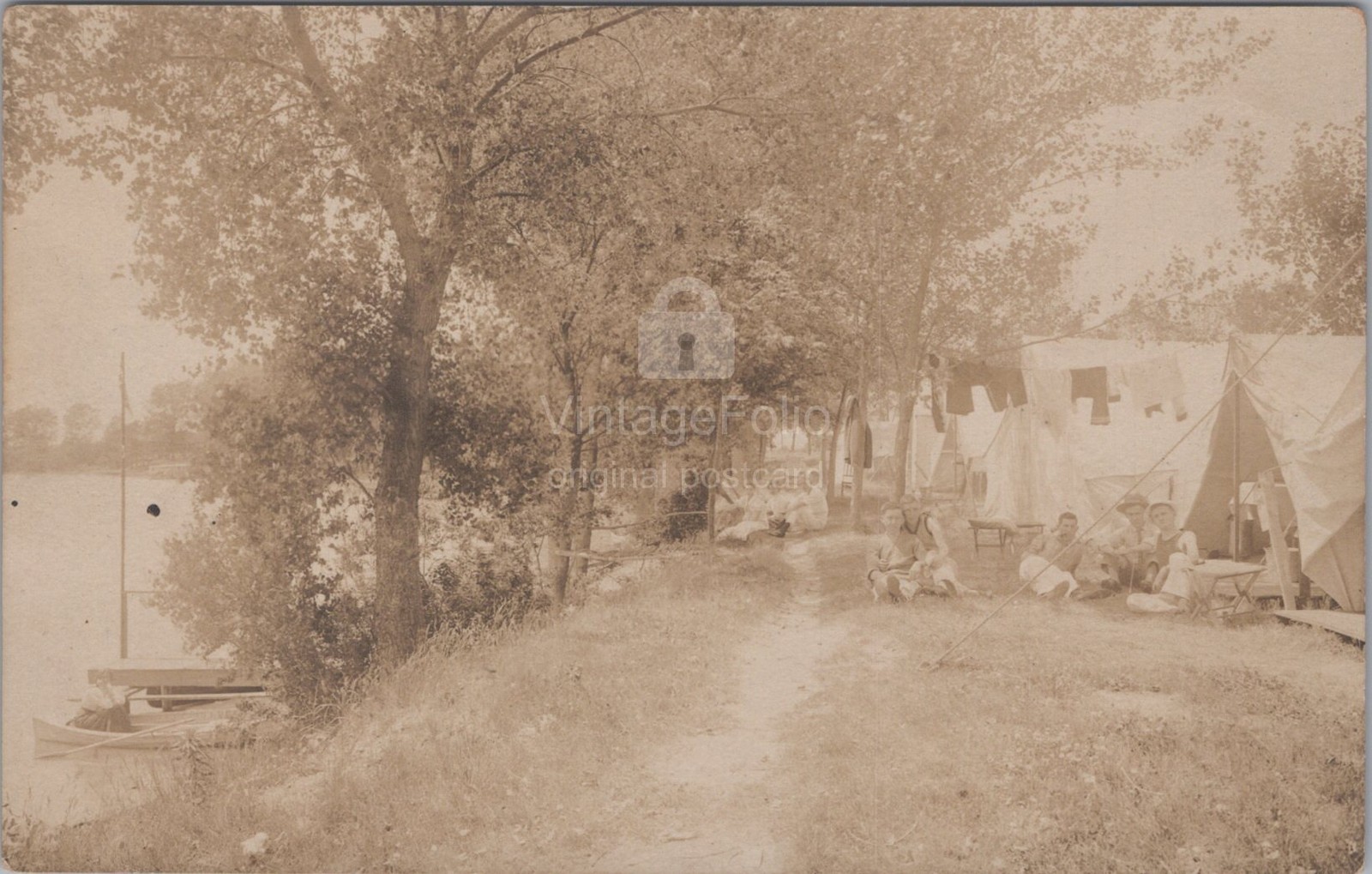 Camping Council Bluffs Iowa IA Tents River Boat Canoe RPPC Meneray Postcard
