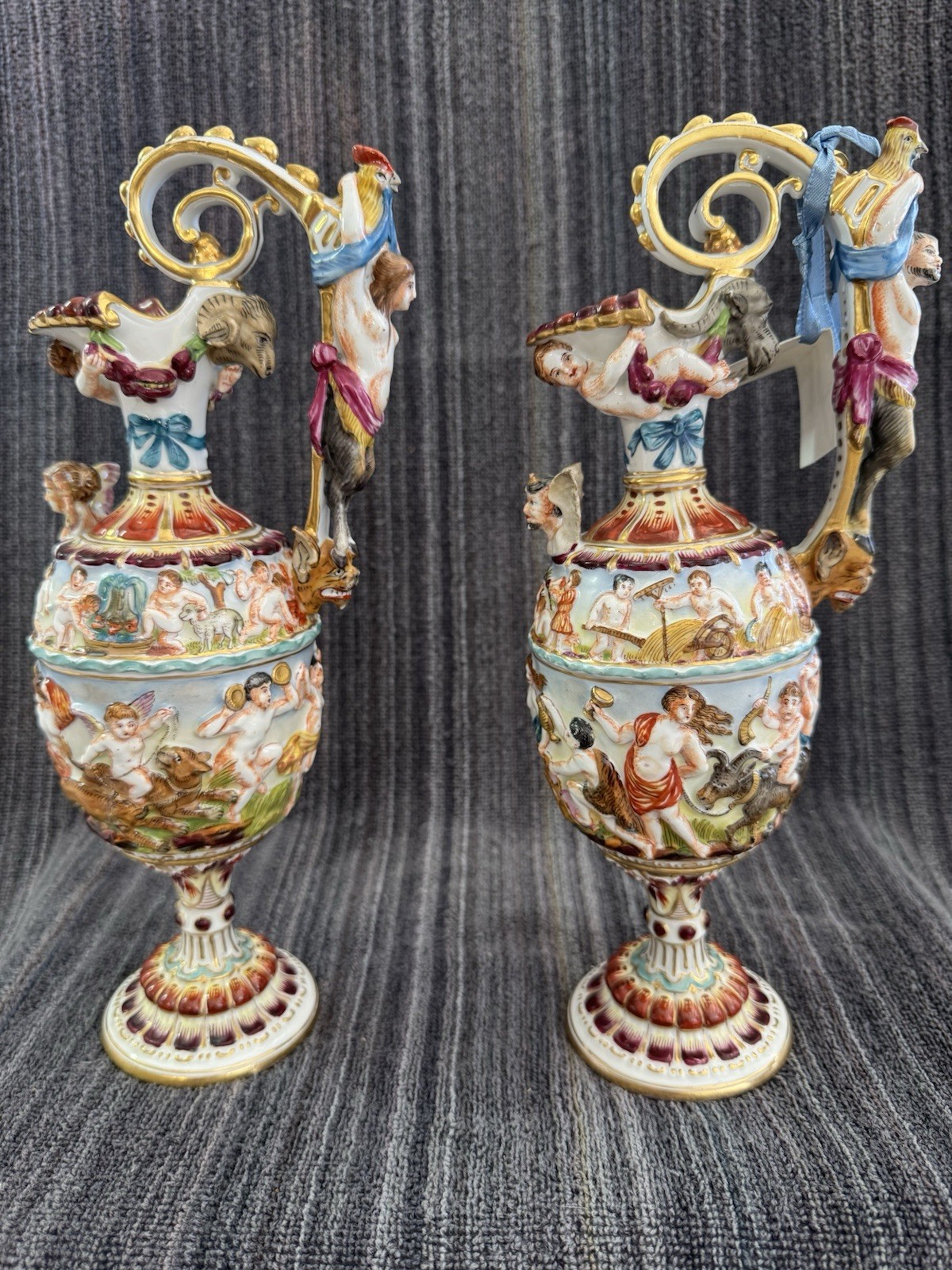 Capo Di Monte Porcelain Figural Pitcher Pair Hand Painted Rococo Italy