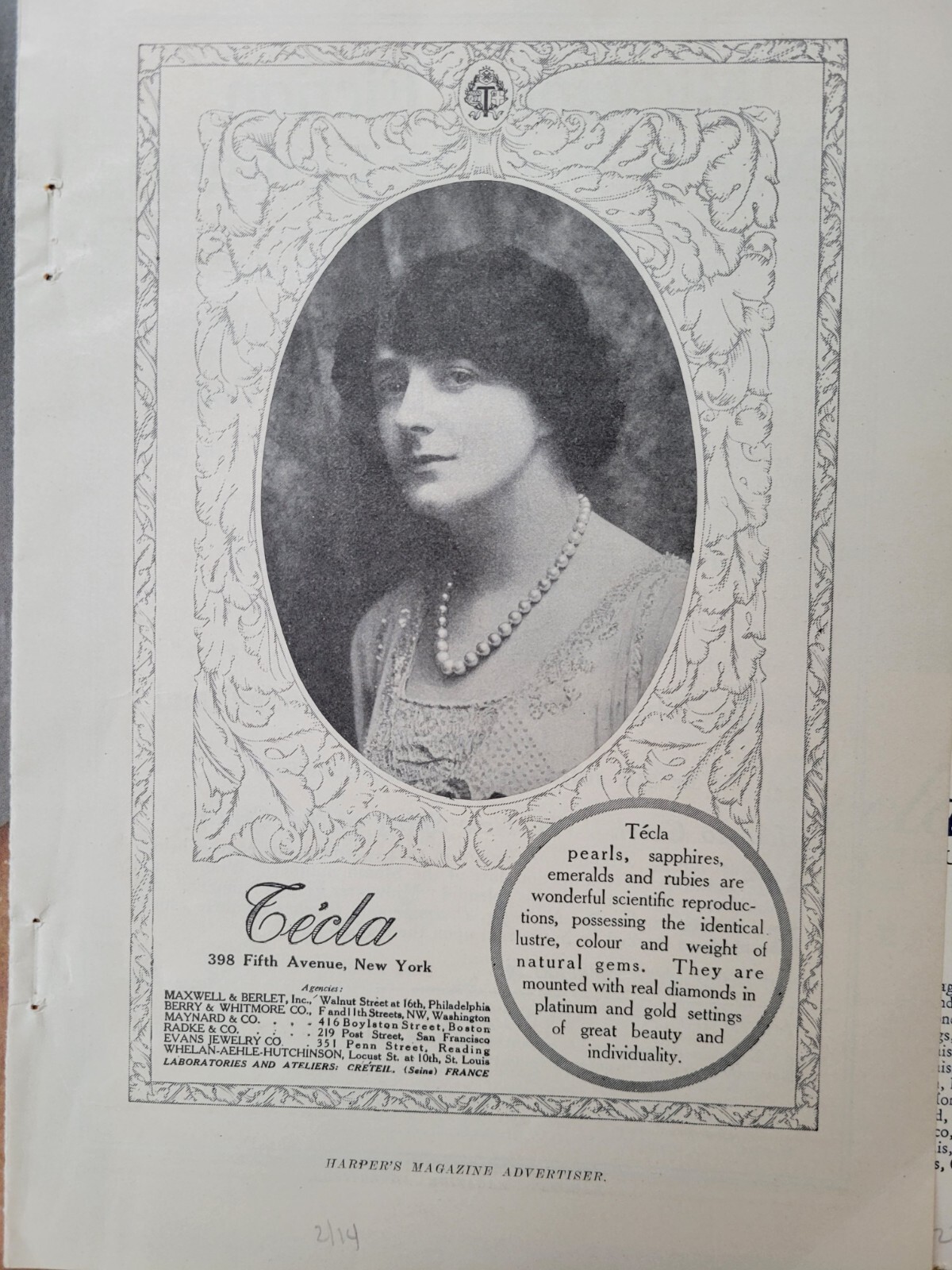 1914 Tecla pearls pearl necklace  mounted with diamonds vintage jewelry ad  