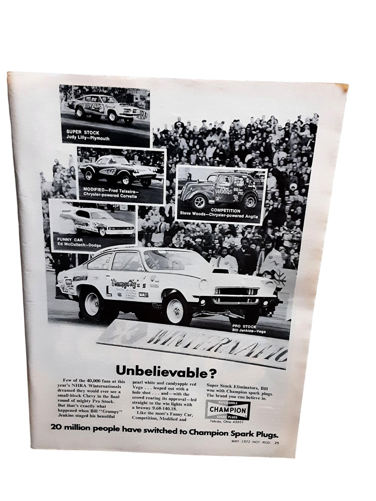 1972 Bill Grumpy Jenkins Vega Champion Spark Plugs Racing Ad 8x11 1972 Bill Grumpy Jenkins Vega Champion Spark Plugs Racing Ad 8x11
