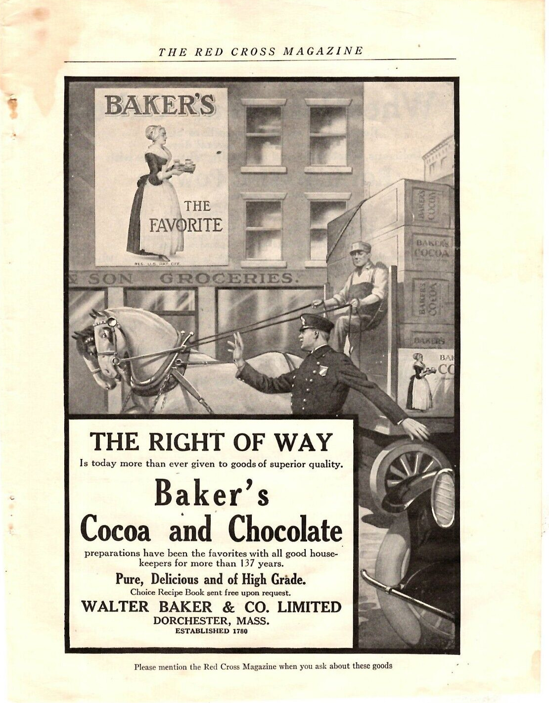 1918 Print Ad WWI Baker\'s Cocoa & Chocolate The Right of Way Horse  Illustration