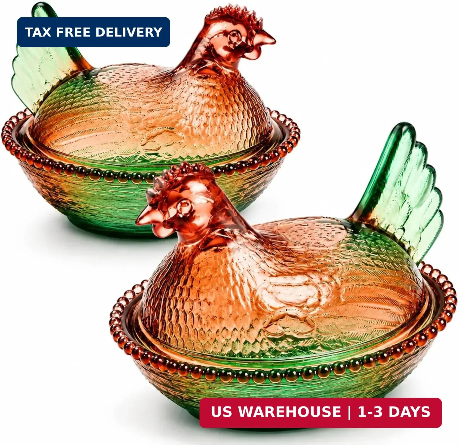 2 Pcs Glass Hen on Nest Dish with Lid, Green