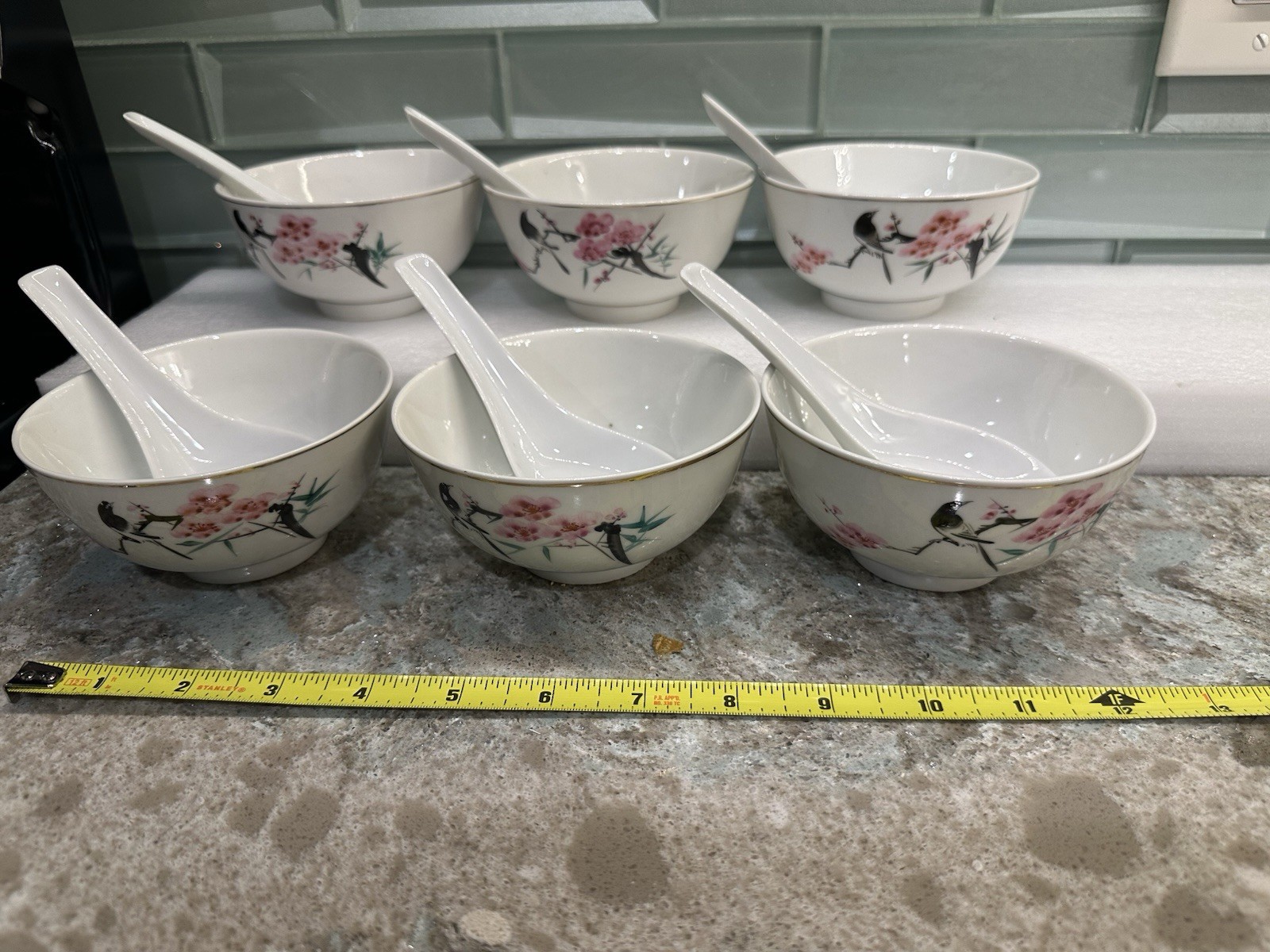 Vtg 6 Signed Fine China Rice Tea Soup Bowls Trad Spoons Cherry Blossoms Birds