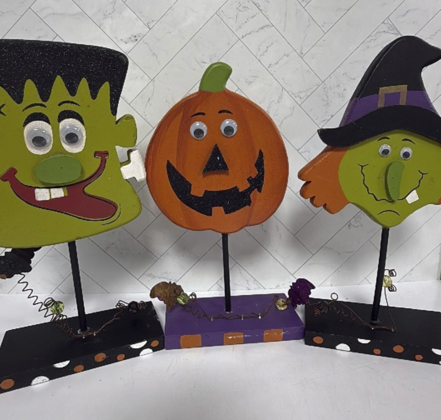 Vintage Y2K lot 3x Standing Wood Halloween Figures Witch Pumpkin Frankenstein