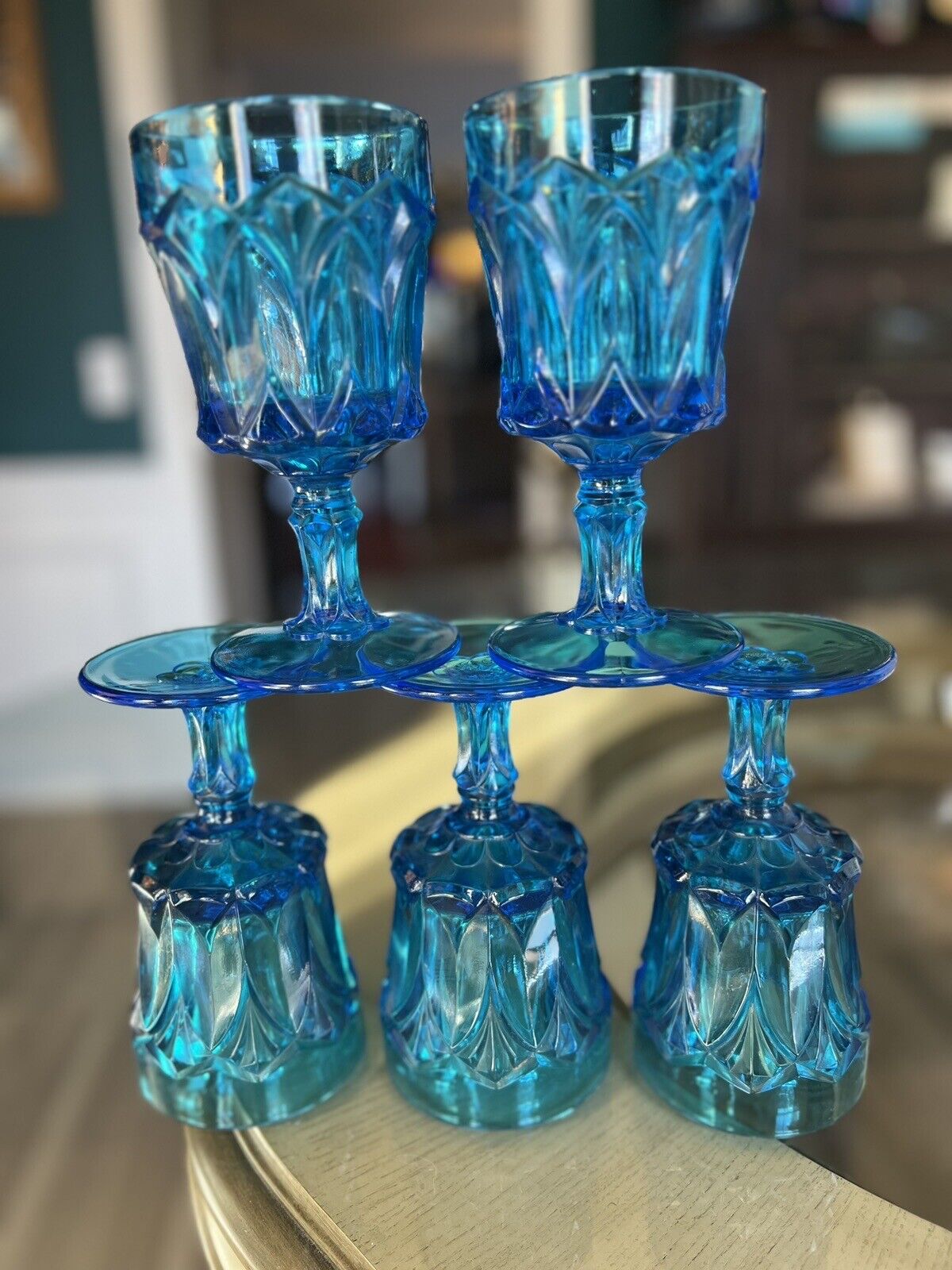 Set Of 5 Vintage Red Cliff Blue Water Wine Goblet Fenton Glass Heirloom Blue