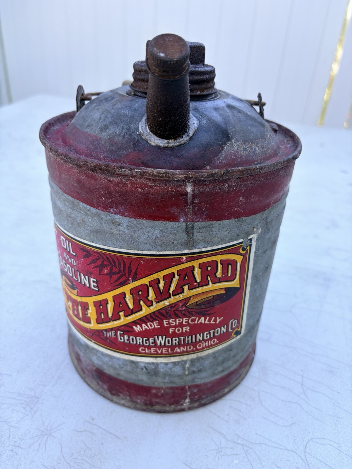 Antique The Harvard Oil Gas Can George Worthington Cleveland OH Paper label
