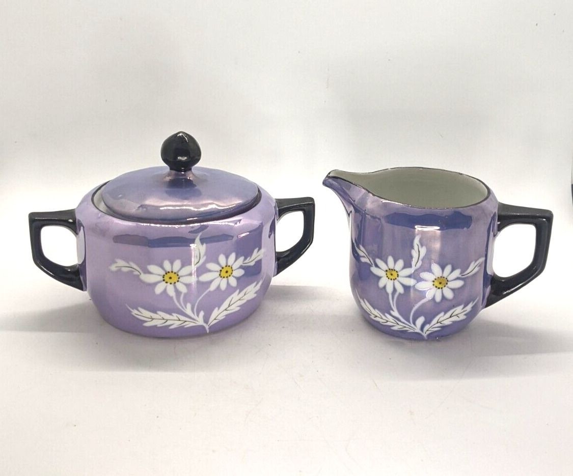 Vtg Lusterware Sugar Bowl Creamer Set Germany Lavender Purple Hand Painted Daisy