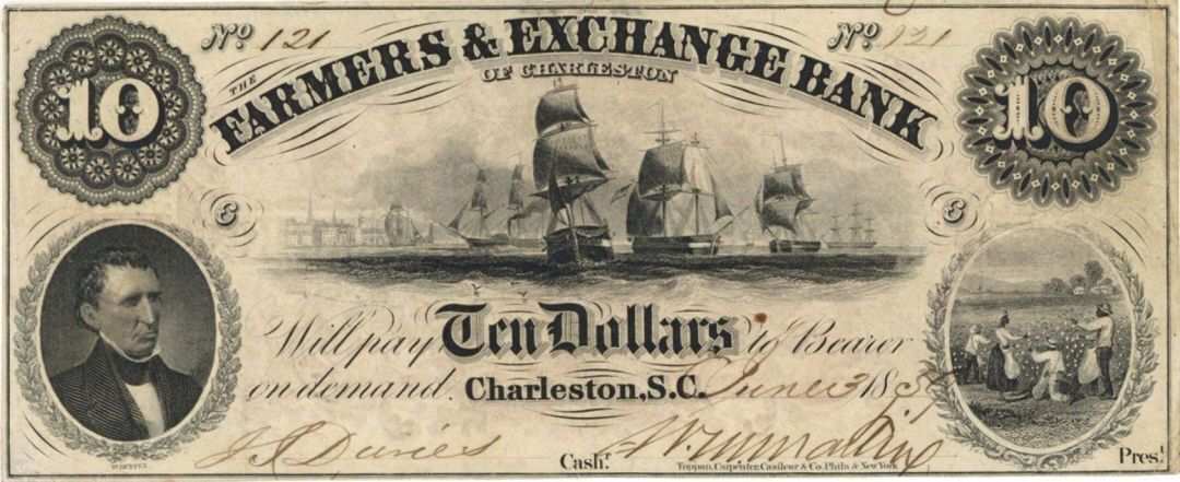 Farmers and Exchange Bank of Charleston - $10- Obsolete Bank Note - Paper Money 