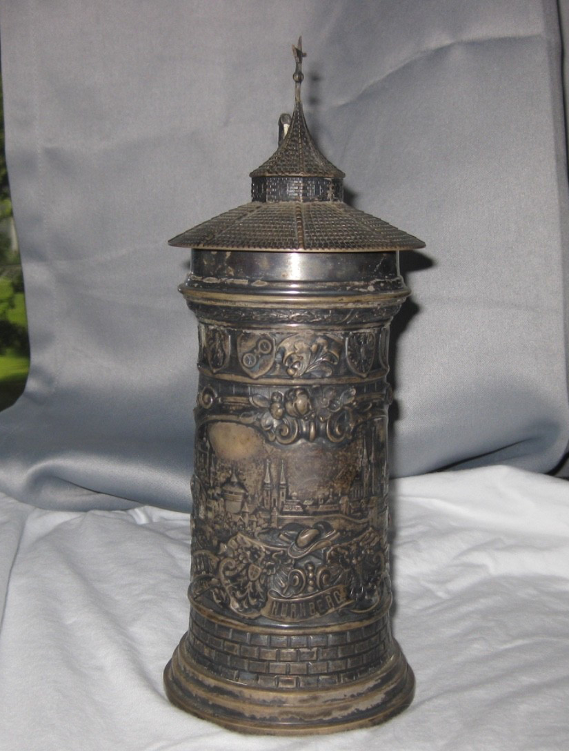 Fine German 800 Silver Covered Beer Stein Cup Nurnberg Johann Wich 19th Shooting